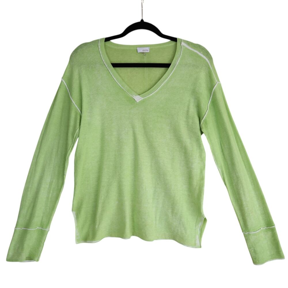 Ecru Womens Burnout Henley Sweater‎ Size XS Lime Green Semi Sheer Knit V Neck